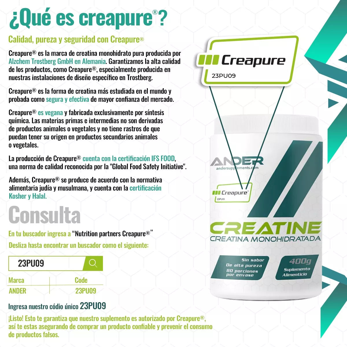 Creatina Monohidratada con certificación Creapure® en Bolsa 200g